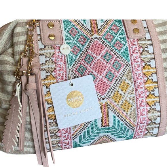 NWT MMS Design Studio Boho Aztec & Stripe Embroidered Canvas Purse Beige / Blush - Picture 2 of 8